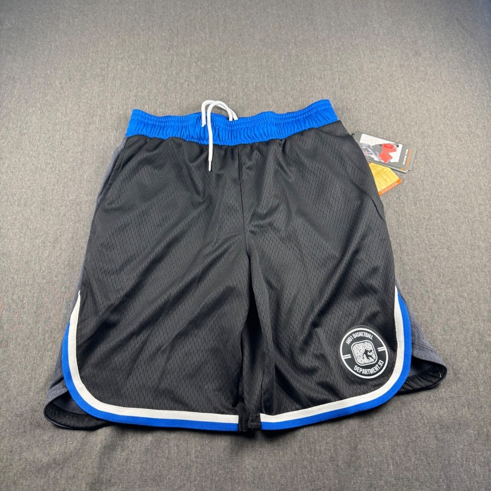 AND1 Boys Basketball Shorts Black Blue Mesh 10 Inch Inseam Size Small ANM241SH05